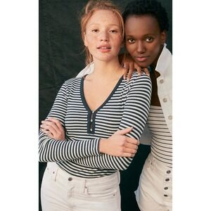 J. Crew Top Womens Medium Blue White Juliette Henley Striped V Neck Rib Knit‎